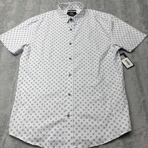 WRK Mens White Navy Geometric Print Slim Fit Button Down Shirt Lg NWT
